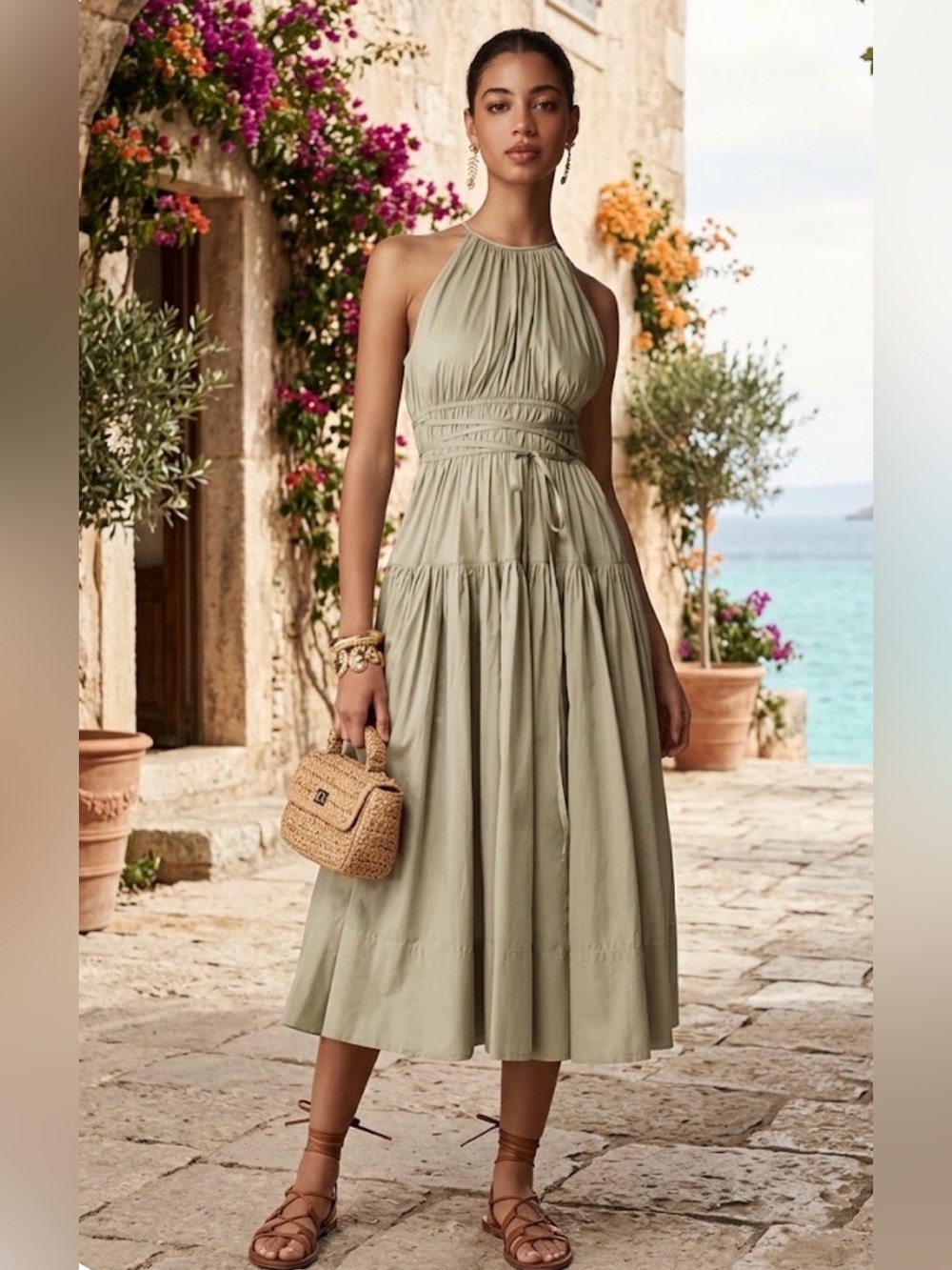 J.Crew Sage Green Halter Tiered Midi Dress Cinched Tie Waist XS